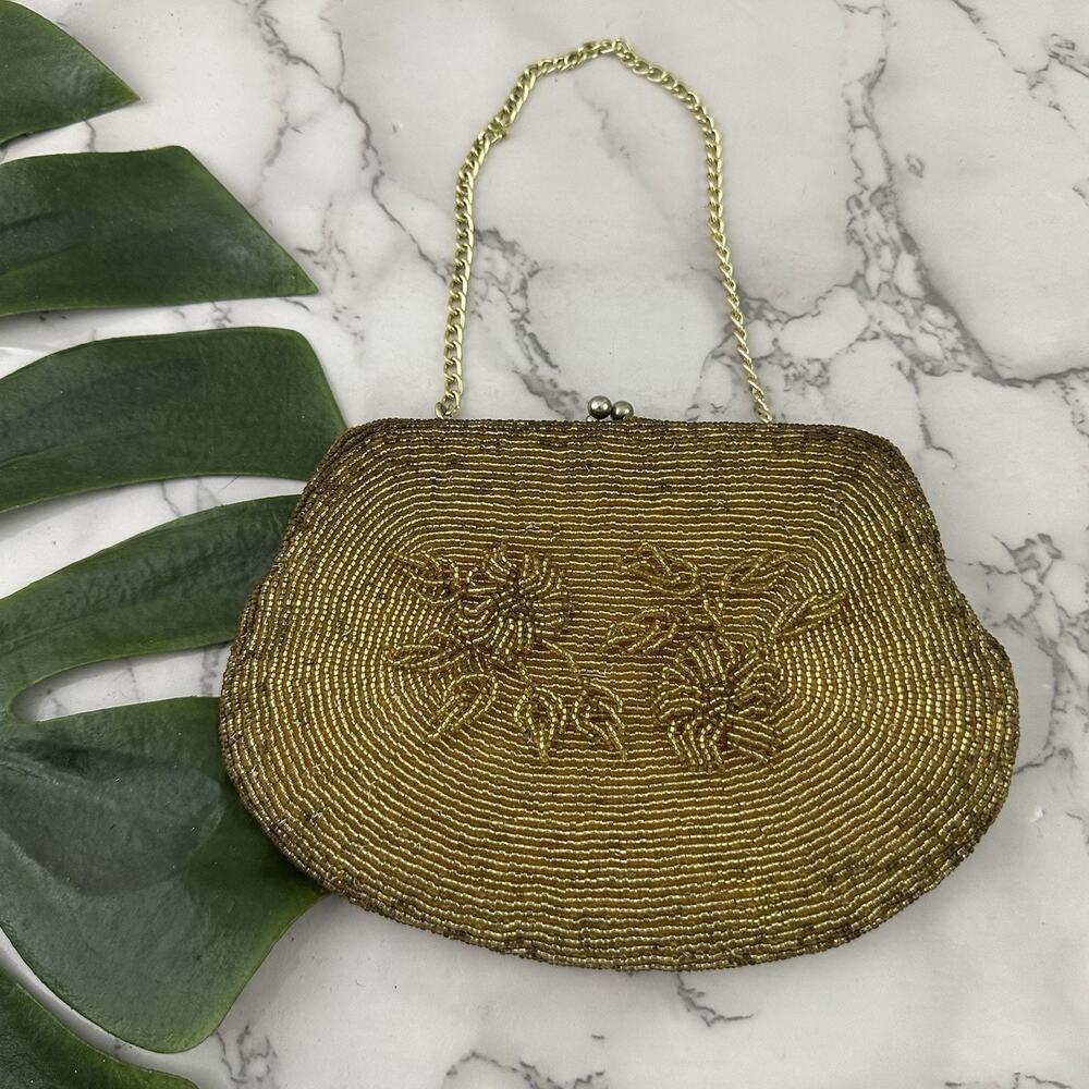 Walborg Vintage 60s Beaded Evening Bag Clutch Gold Floral Small Kiss Lock Purse